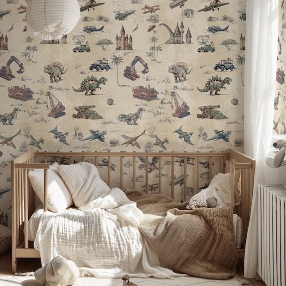 Whimsical World Wallpaper, Fantasy Flight and Dinosaur Machines Wall Decor, Vintage Inspired Adventure Wall Art, Steam Punk Kid's Room