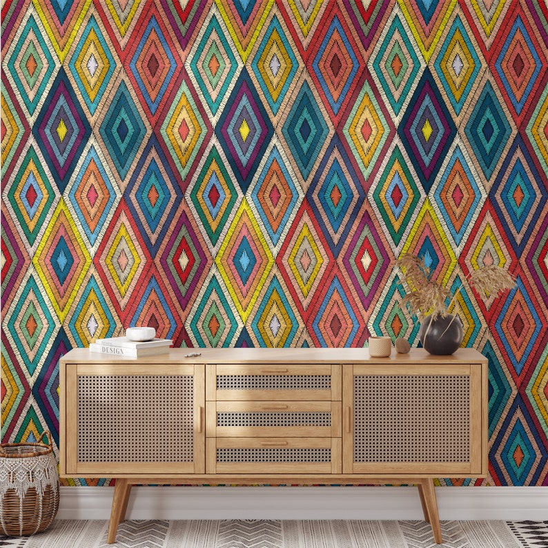 Patchwork Tribal Boho Wallpaper Ethnic Wall Decor With Etsy
