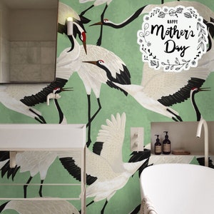 Green Herons Wallpaper, Luxury Wallpaper with Vintage Asian Crane Birds, Contemporary Design Wall Decor Removable Wallpaper