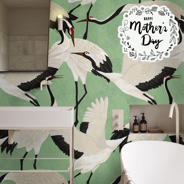 Grüne Reiher Wallpaper, Luxus Wallpaper mit Vintage asiatischen Kran Vögel, zeitgenössisches Design Wand-Dekor abnehmbare Tapete