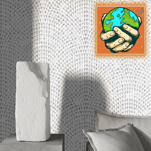 White and Grey Mid Century Art Deco Temporary Wallpaper, Stone Effect Abstract Geometric Wall Paper