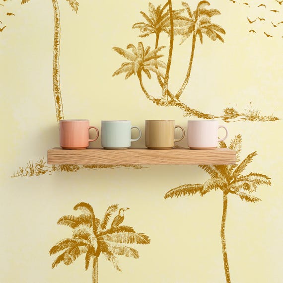 Art Deco Wallpaper with Palms & Birds - Elegant Beige Yellow Embroidered Design for Stylish Home Decor
