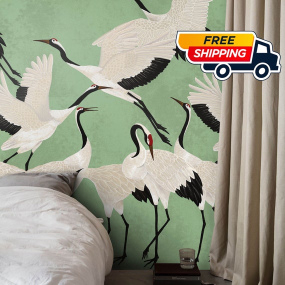 Green Heron Print Wallpaper, Crane Wallpaper, Removable Wallpaper, Elegant Crane Dance Wallpaper, Graceful Bird Design