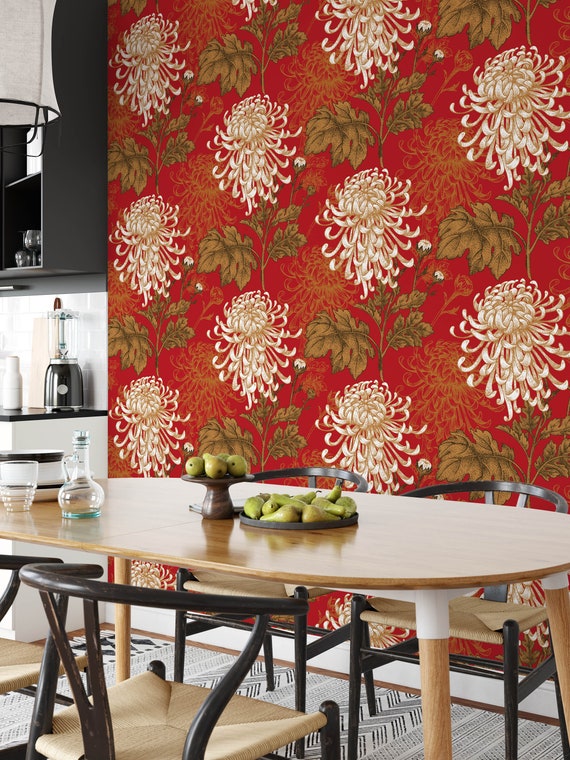 Red and White Floral Print Asian Illustration Chrysanthemum Wallpaper, Feng Shui Chinoiserie Decor