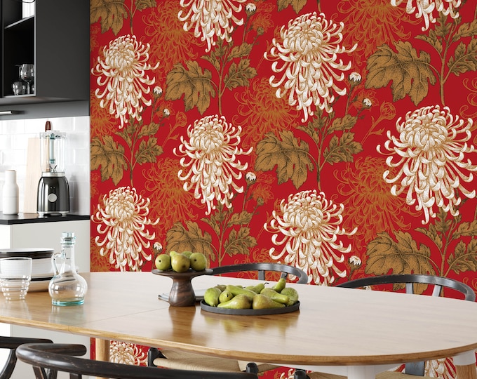 Red and White Floral Print Asian Illustration Chrysanthemum Wallpaper, Feng Shui Chinoiserie Decor