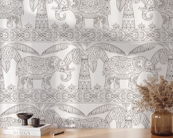 Decorated Indian Elephant Wallpaper,  India elephants Damask Wall Art