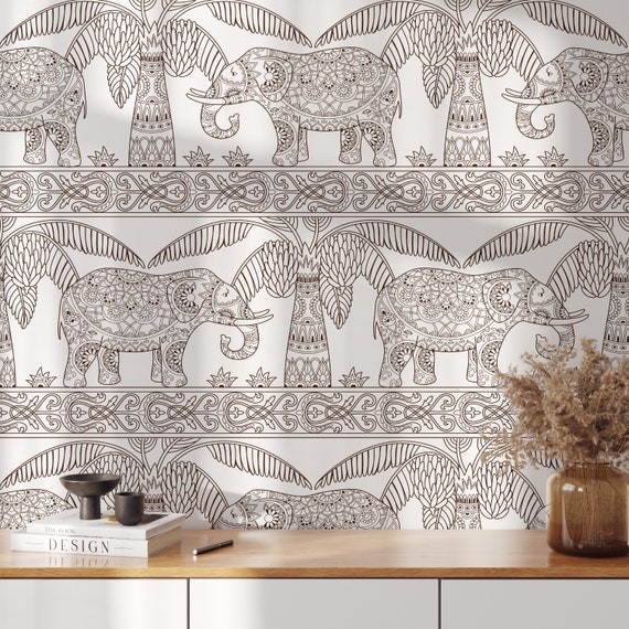 Decorated Indian Elephant Wallpaper,  India elephants Damask Wall Art