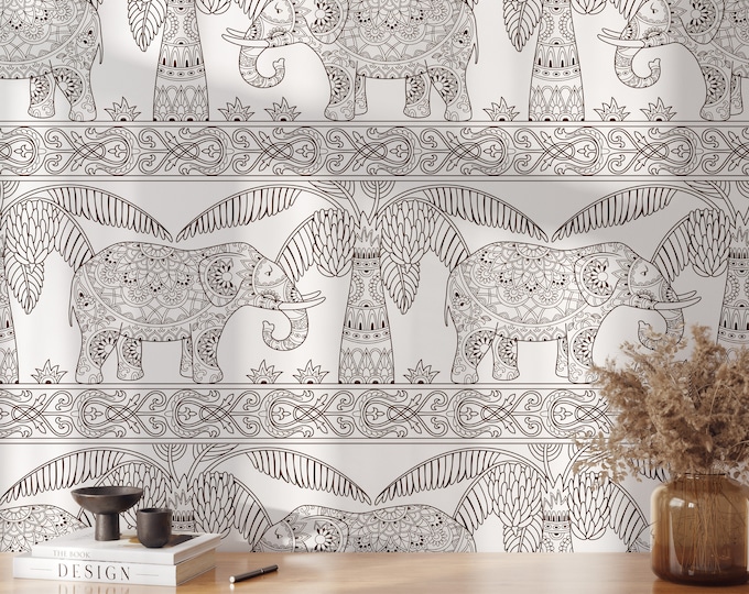 Decorated Indian Elephant Wallpaper,  India elephants Damask Wall Art