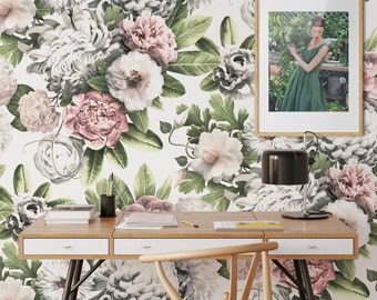 Light Floral Wallpaper for Peony Wall Art, Blush Pink Watercolor Flowers Mural Wall Decor