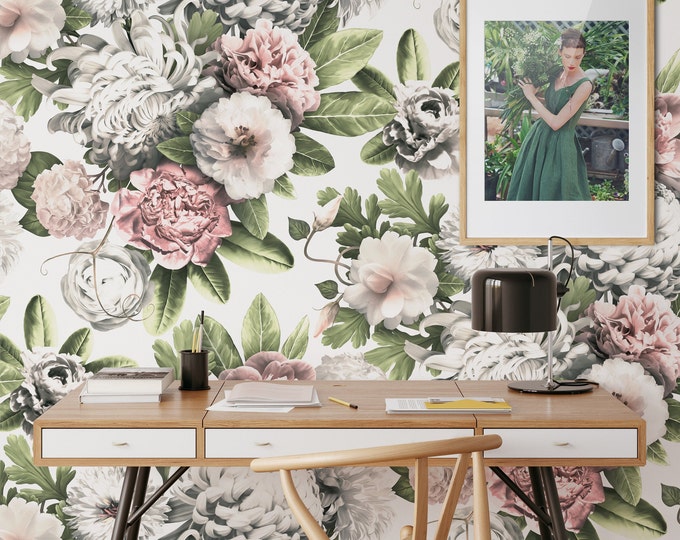 Light Floral Wallpaper for Peony Wall Art, Blush Pink Watercolor Flowers Mural Wall Decor