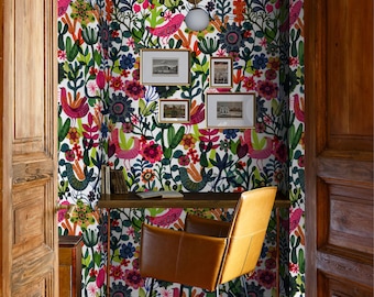 Scandinavian Folk Art Wallpaper, Eclectic Home Office Abstract Pop Wall Decor, Funky Botanical Print