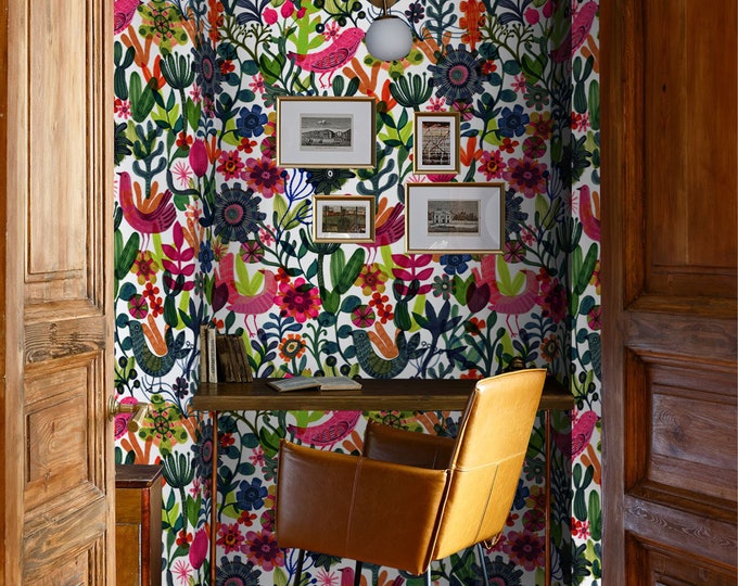 Scandinavian Folk Art Wallpaper, Colorful Floral and Bird Wallpaper for Living Room, Botanical Accent Wall Paper