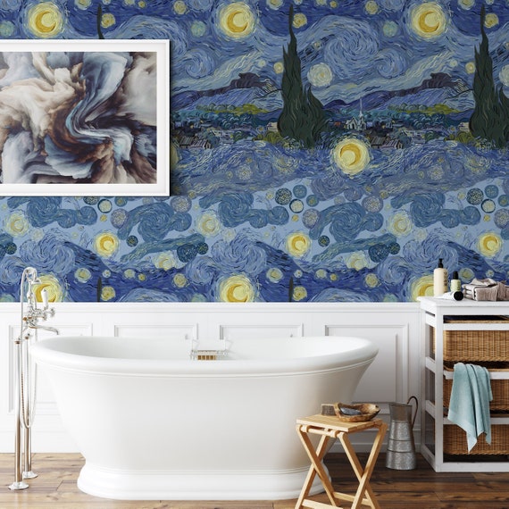 Artistic Painting Starry Night Bedroom Wallpaper, Art Print Blue Wall Decor