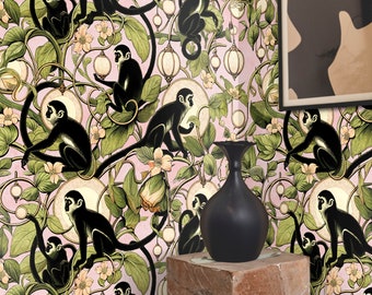 Whimsical Jungle Wallpaper with Playful Monkeys and Lanterns on Pink Background – Kids Room Decor & Nursery Wall Art
