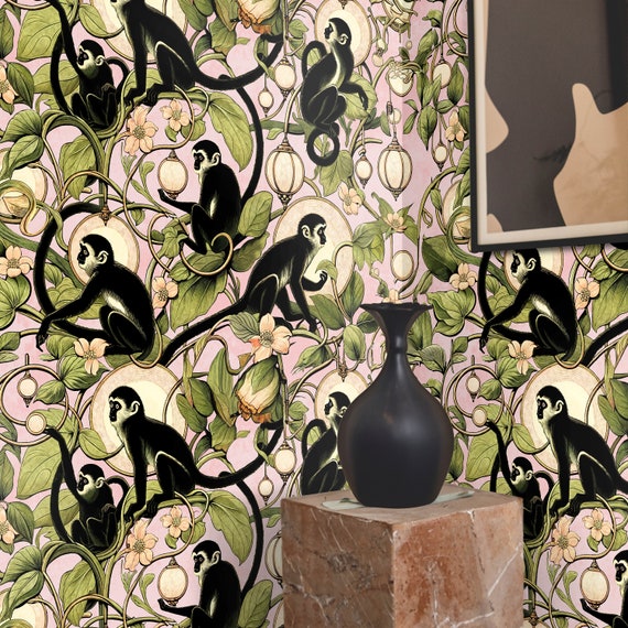 Whimsical Jungle Wallpaper with Playful Monkeys and Lanterns on Pink Background – Kids Room Decor & Nursery Wall Art