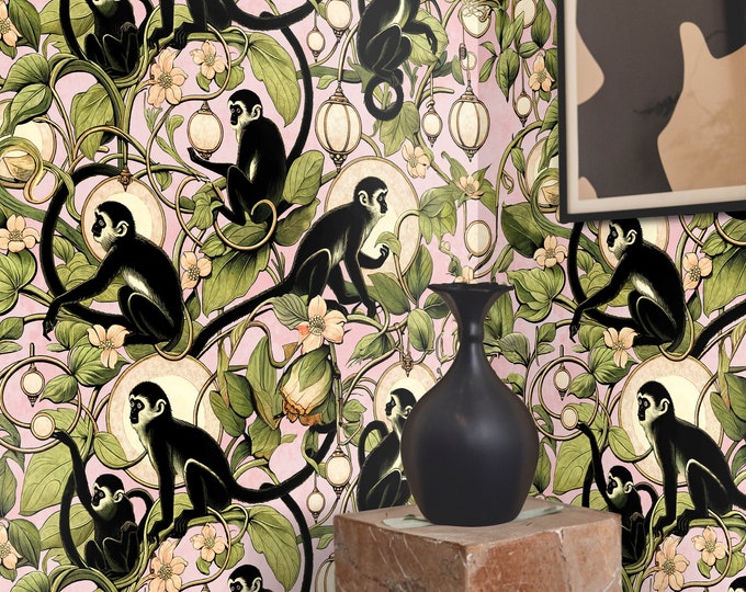 Whimsical Jungle Wallpaper with Playful Monkeys and Lanterns on Pink Background – Kids Room Decor & Nursery Wall Art