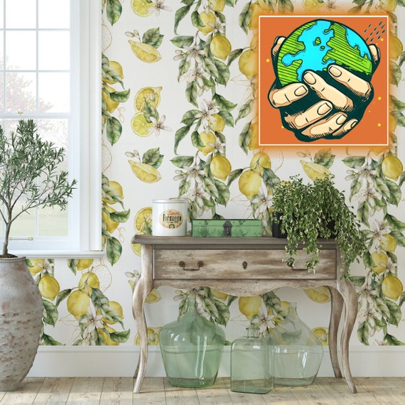 Amalfi Coast Lemon Tree Watercolor Wallpaper, Vintage Floral Wall Mural, Italian Kitchen Citrus Home Decor