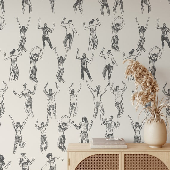 Dancing Party People Wallpaper - Sketch Dancers Wall Art for Modern Home Decor, Fun Dance Room Mural, Stylish Living Room Accent