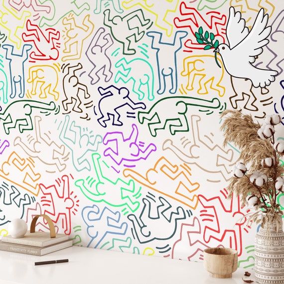 Pop Art Artistic Wallpaper, Modern Wall Covering for Minimalist Decor, Stick Figures Lines wall art