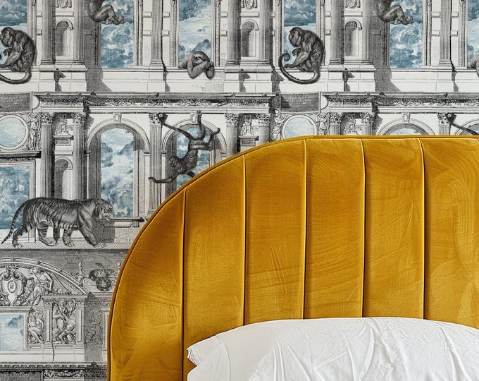 Monkeys Engraved Wallpaper, Vintage Wall Decor, Retro Classic Building Etching Mural for Home & Office