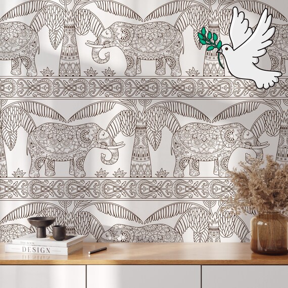 Decorated Indian Elephant Wallpaper,  India elephants Damask Wall Art