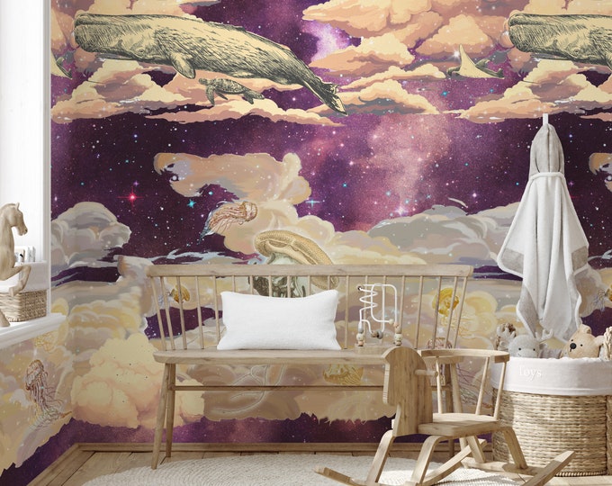 Whale in the Clouds Fantasy Wallpaper for Baby Room, Nursery Wall Accent Girl