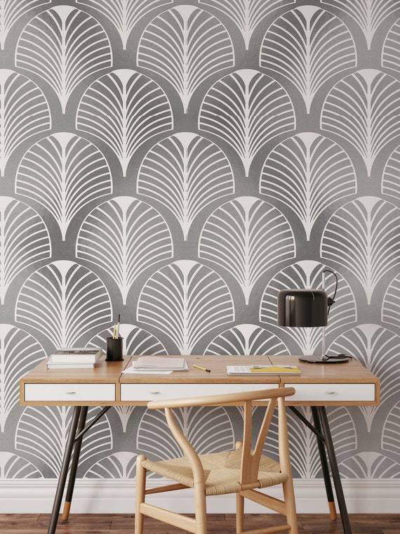 Silver Art Deco Wallpaper, Great Gatsby Geometric Pattern Mid Century Abstract Modern Wall Decor