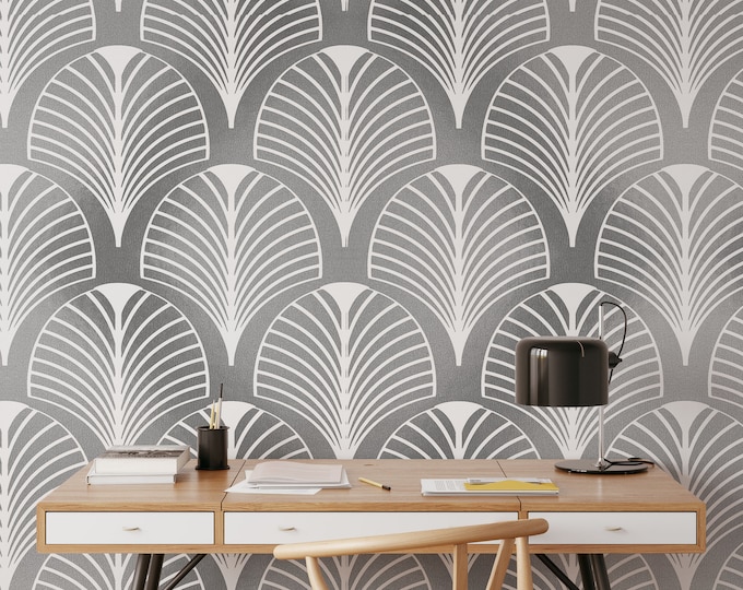 Silver Art Deco Wallpaper, Great Gatsby Geometric Pattern Mid Century Abstract Modern Wall Decor