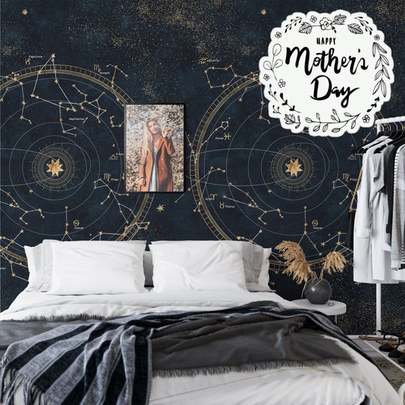 Extra Large Space Constellations with Stars Wallpaper, Dark Night Elegant Wall Decor, Kids Room Wall Art