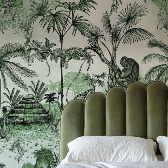 Lost Aztec Civilization Jungle Wallpaper, Extra Large Tropical Rainforest Wall Decor with Exotic Wildlife & Ancient Ruins