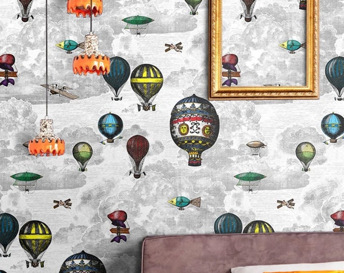 Hot Air Balloons Wallpaper with Vintage Airships, Vintage Illustration Cloudy Sky for Feature Wall