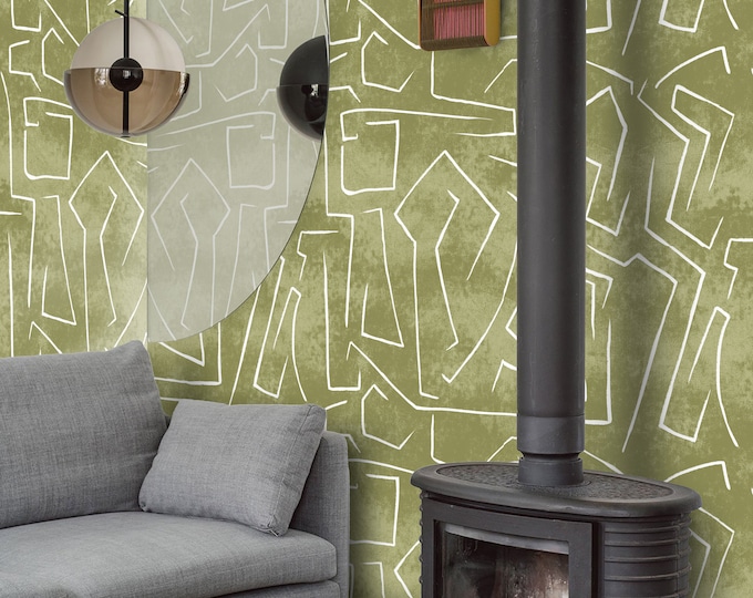 Olive Green Abstract Wallpaper with White Pattern | Contemporary Style | WALLPAPERS4BEGINNERS