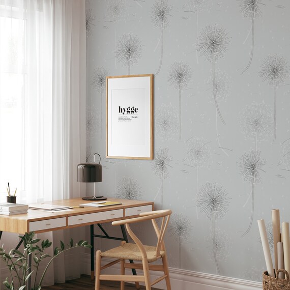 Dandelion Wallpaper for Pastel Room Decor, Light Grey Pearl Floral Wall Art with Dandelions Seed
