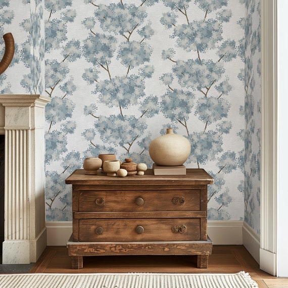 Blue Botanical Tree Wallpaper - Grasscloth Forest Wall Decor & Foliage Art for Calm, Relaxing Home Environment