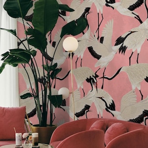 Rosa Reiher-Tapete, abnehmbarer Luxus-Vintage-Kranich-Wanddekor, asiatisches Vogel-Design