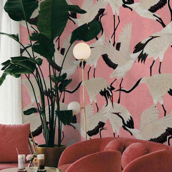 Pink Heron Wallpaper, Luxury Removable Vintage Crane Wall Decor, Asian Birds Design