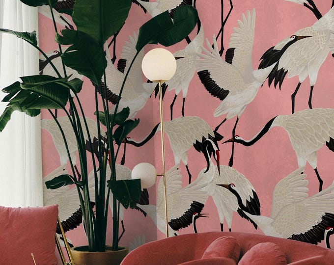Pink Crane Wallpaper with Herons, Chinoiserie Bird Wallpaper in Pink, Vintage Japanese Living Room Decor