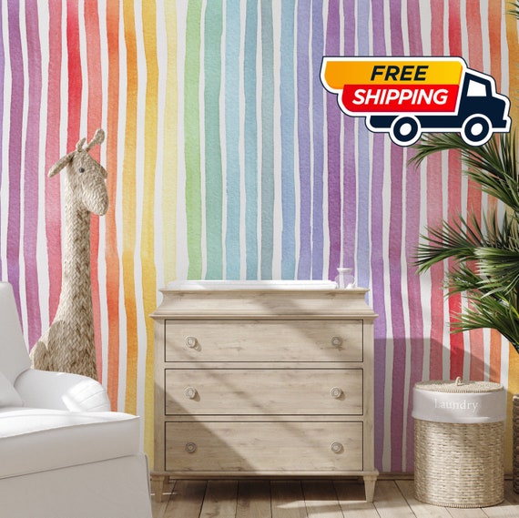 Pastel Rainbow Striped Wallpaper, Watercolor Paint Vertical Stripes Soft Color Kids Room Temporary Wall Art