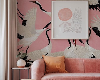 Pink Heron Print Wallpaper, Crane Wallpaper, Removable Wallpaper, Elegant Crane Dance Wallpaper, Graceful Bird Design