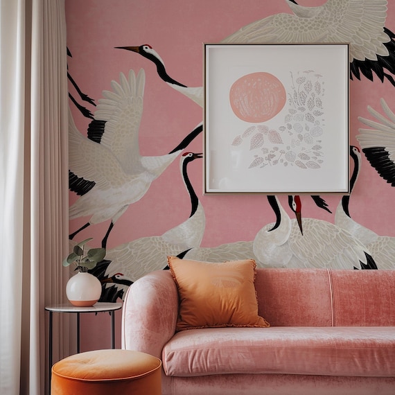 Pink Heron Print Wallpaper, Crane Wallpaper, Removable Wallpaper, Elegant Crane Dance Wallpaper, Graceful Bird Design