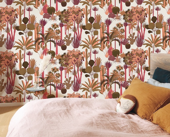 Floral Pink Leafs and Trees Jungle Wallpaper, Wild Rainforest Wall Decor, Garden Wall Art
