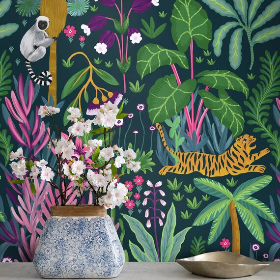 Tropical Dark Jungle Wallpaper, Whimsical Tiger Painting Dark Boho Wall decor, Exotic Nature Scene Wall Art