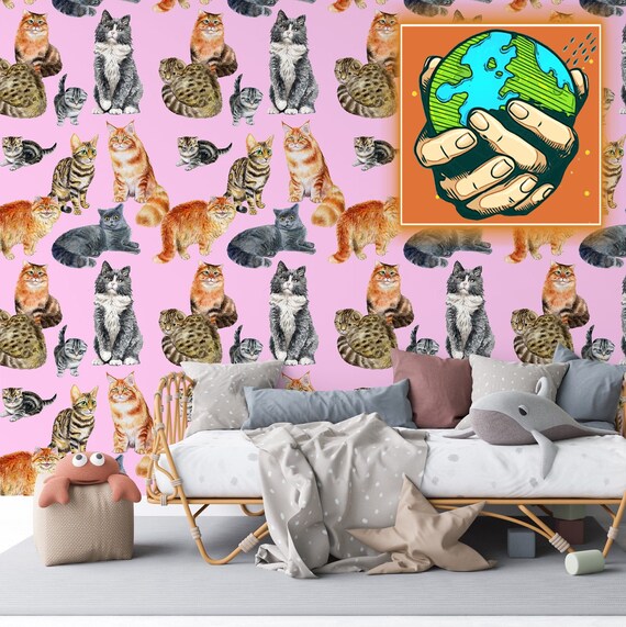 Pink Cat Wallpaper for Kids Room, Watercolor Cats Nursery Art for Accent Wall