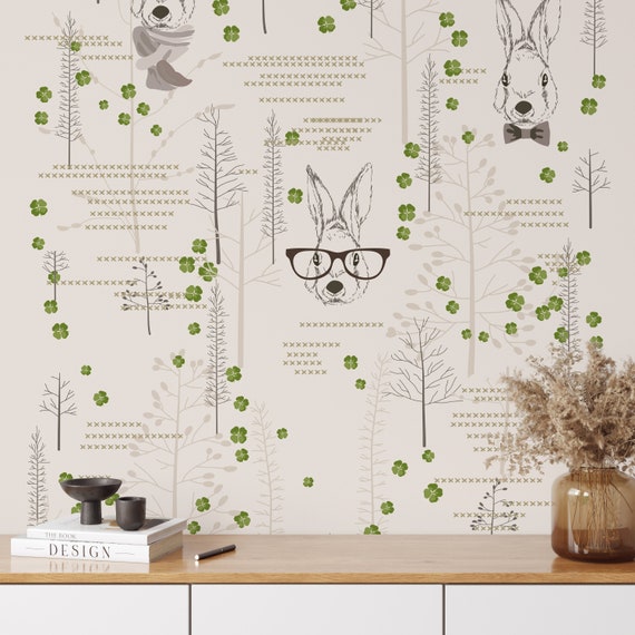 Boho Rabbits Nursery Wallpaper with Trees, Kids Room Decor with Rabbit