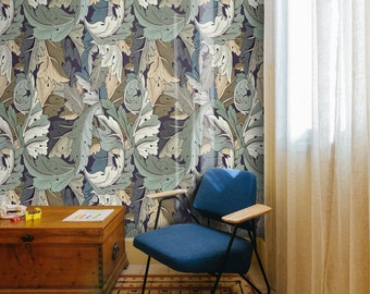 Art Nouveau Victorian Wallpaper with Floral Damask for Wall Decore, Blue and Green Foliage Pattern for a Accent Wall