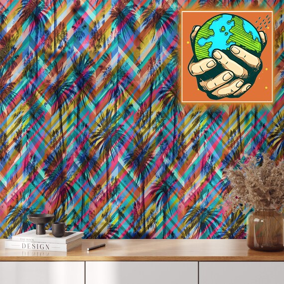 Psychedelic Tropical Summer Wallpaper, Palm Wall Decor