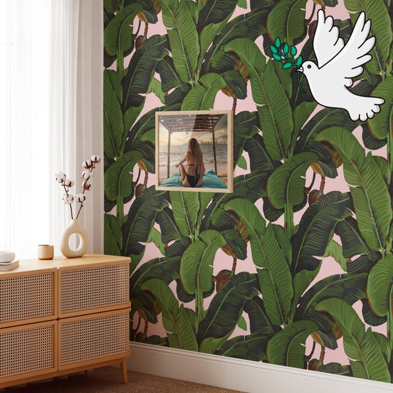 Pink Banana Leaf Tropical Rainforest Wallpaper, Leaves Print Palm Tree Jungle Print Boho Decor