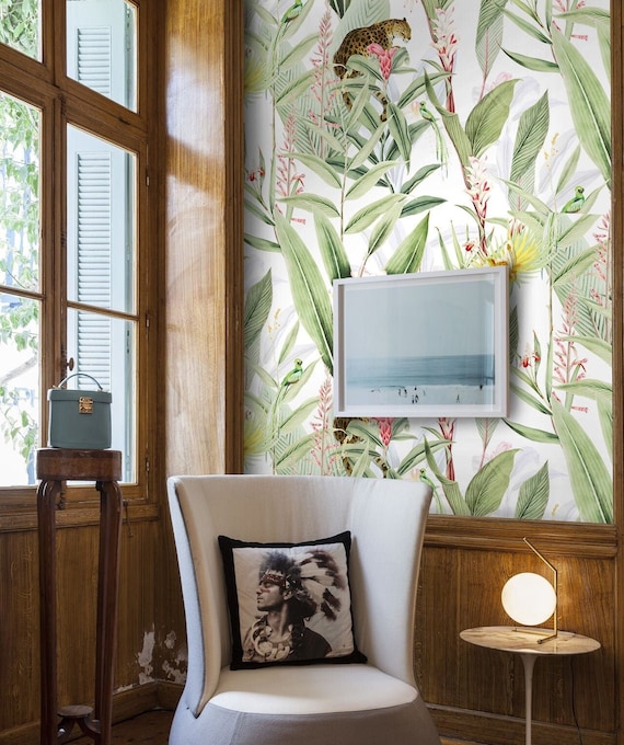 Tropical Jungle Wallpaper with Jaguar Animal, Aesthetic Decor Tiger Green and white Boho Wall Decor