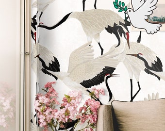 White Heron Print Wallpaper, Aziatische Vogels Muurkunst, Vintage Crane Verwijderbare Chinoiserie Wallpapering