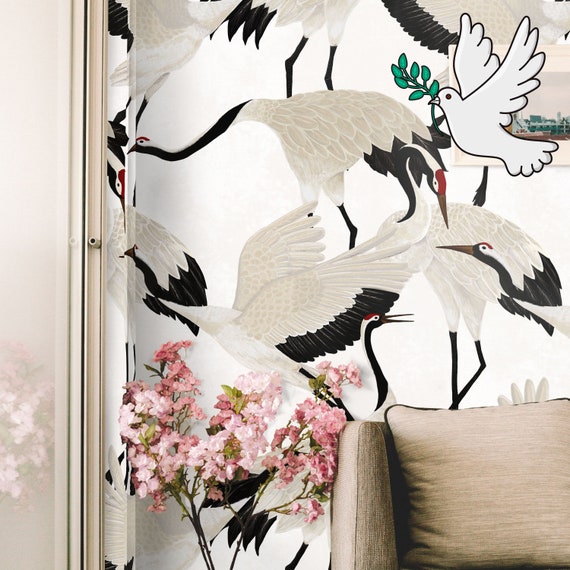 White Heron Print Wallpaper, Asian Birds Wall art, Vintage Crane Removable Chinoiserie Wallpapering